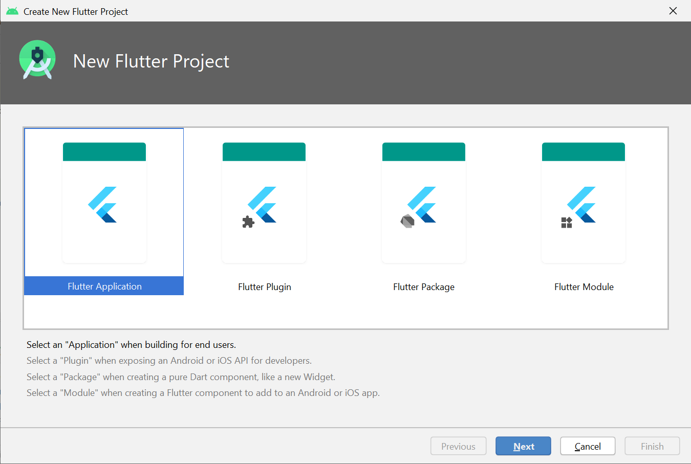 new flutter project wizard on android studio